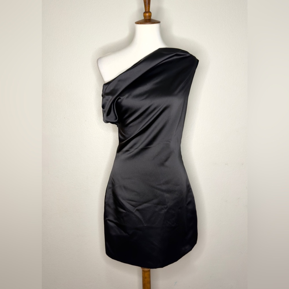 Zara Sleek Black Satin One-Shoulder Dress NWT  M